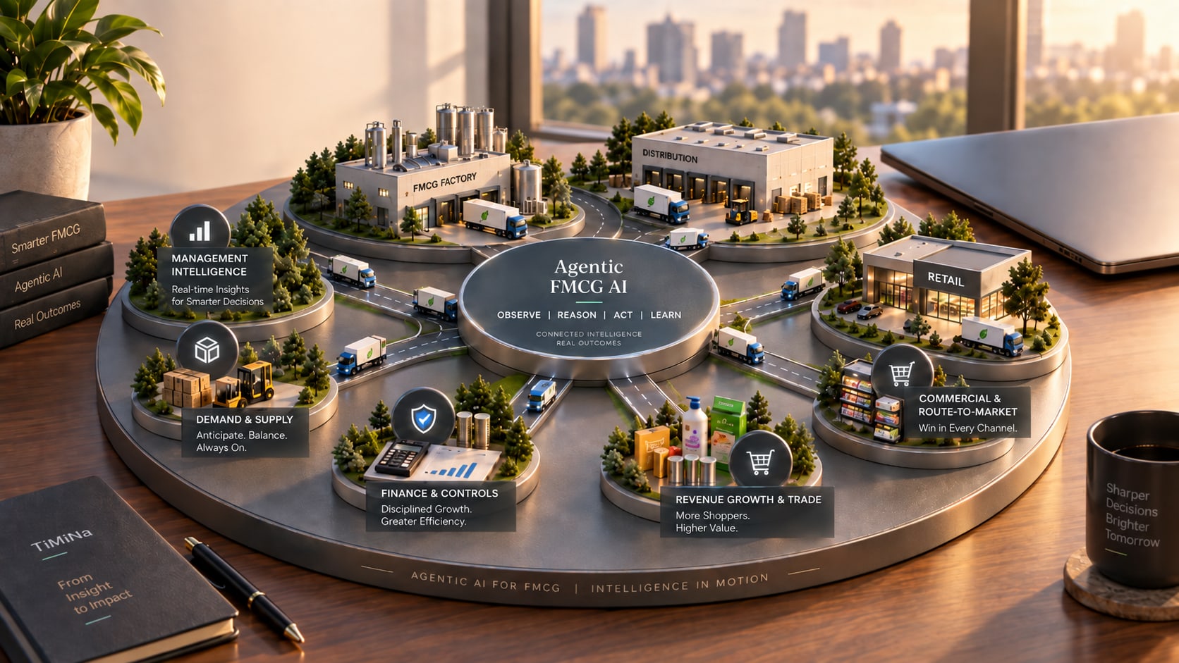 The five FMCG operating domains laid out as one board — management intelligence, demand and supply, finance and controls, revenue growth and trade, commercial and route-to-market — each wired into a single agentic decision layer at the centre.
